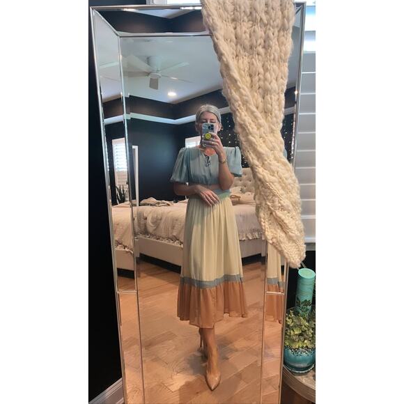 PAMELA LOVE x RTR Multicolored Color Block Crewneck Chiffon Midi Dress Size L - Picture 15 of 15